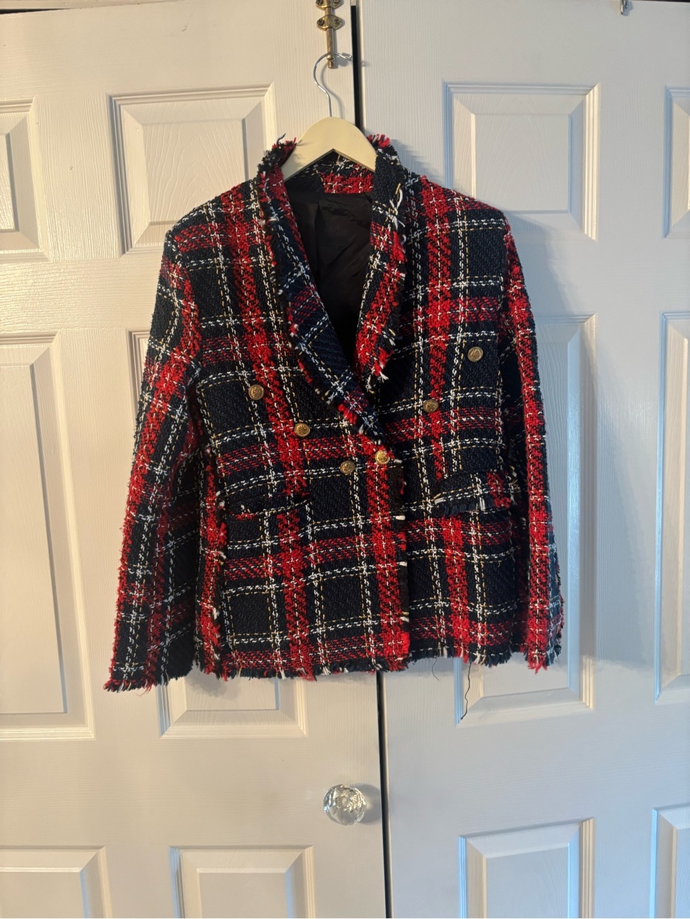Women's Red & Black Plaid Tweed Double-Breasted Jacket
